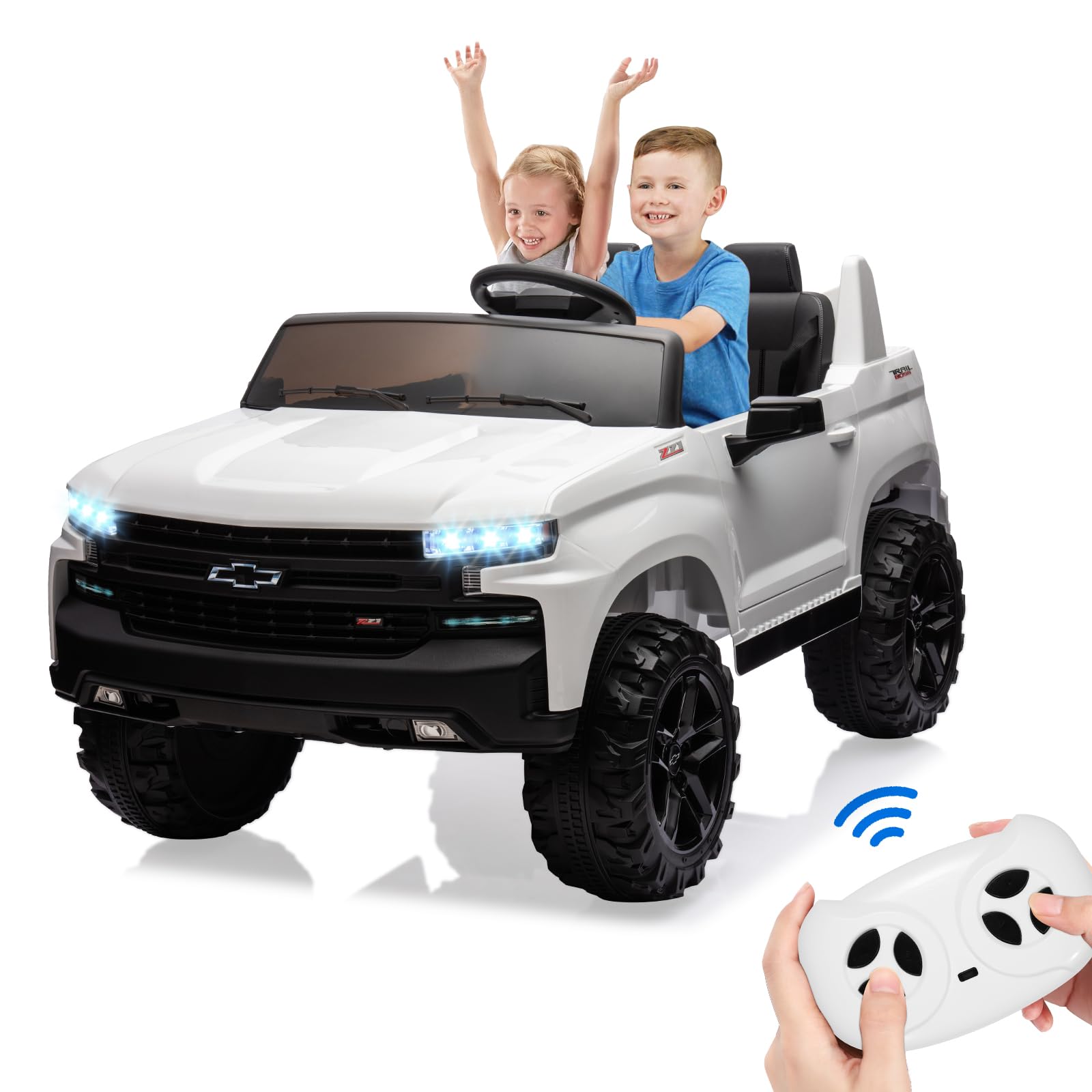 Kids Electric Ride on Car 2-Seater Truck, 24V Battery Powered SUV Licensed Chevrolet with Parent Remote Control, 4 Spring Suspension, Storage, Music, Lights, Double Open Doors for Boys Girls, White