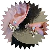 Allereyae Vintage Crystal Lotus Ear Jacket Earrings Gold Spike Jacket Earrings Rhinestone Pearl Stud Earrings Sparkly Cz Front Back Earrings Jewelry for Women