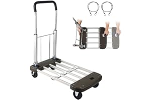 LEADALLWAY Platform Cart Foldable Push Cart Aluminum Adjustable Length Flatbed Cart with Polyurethane Mute Wheel,330-LB Capacity(with 2 Ropes)