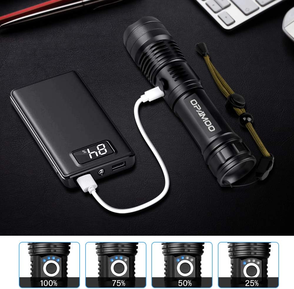 Rechargeable Tactical Flashlight, LED Flashlight 3000 Lumen, 5 Modes, Zoomable, Waterproof, with Rechargeable Battery, Handheld Flashlight for Camping Hiking Biking Outdoor Activity - - 