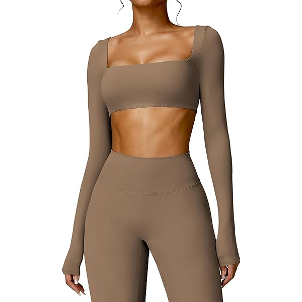 Women's Square Neck Long Sleeve Crop Top With Built-In Bra - Workout Yoga Gym Shirt