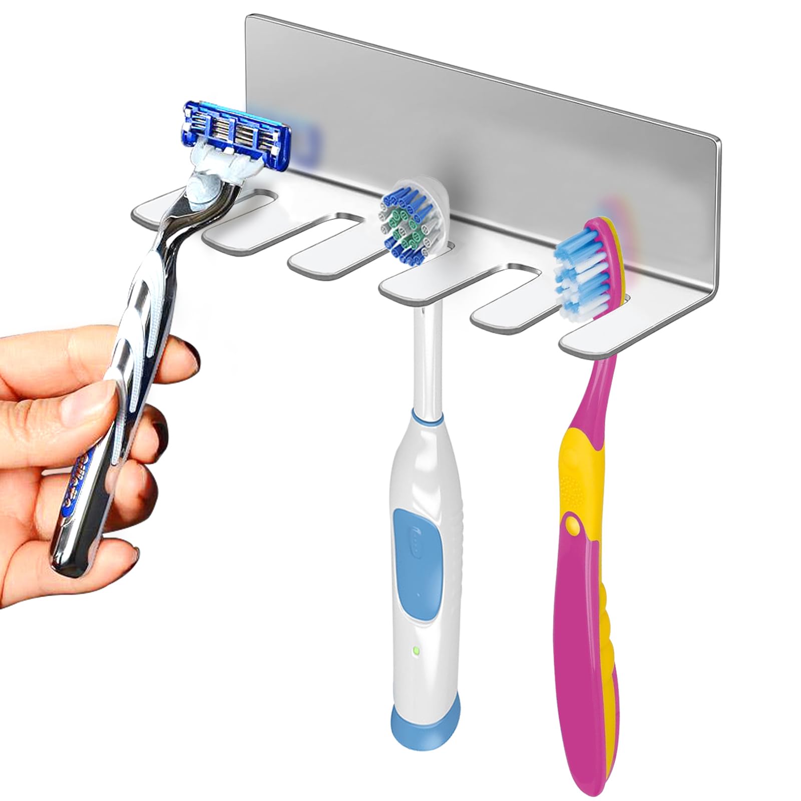 Photo 1 of Wall Mounted Toothbrush Holder, Stainless Steel Toothbrush Holder with Self-Adhesive No Drilling Toothbrush Organizer, Bathroom Mounted Holder for Toothbrush Head, Washroom Razor Holder