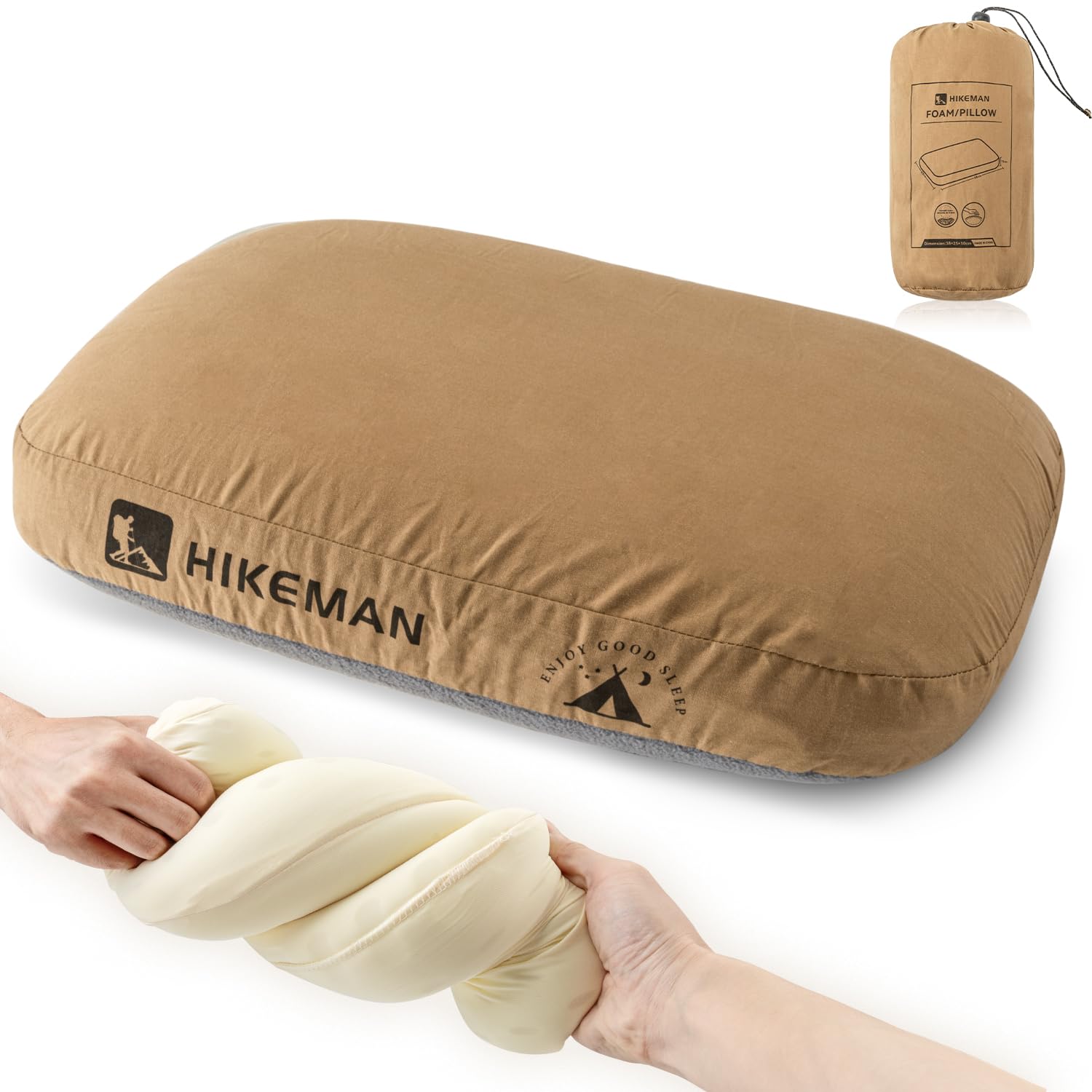 HIKEMAN Camping Memory Foam Pillow - Ultralight Travel Pillow Neck Support Pillow,Soft Ergonomic Sleeping Pillows for Camping,Car,Beach,Office (Brown)