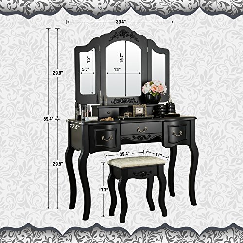 Fineboard Vanity Set Beauty Station Makeup Table And Wooden Stool Set With 3 Mirrors And 5 Organization Drawers Set, Black