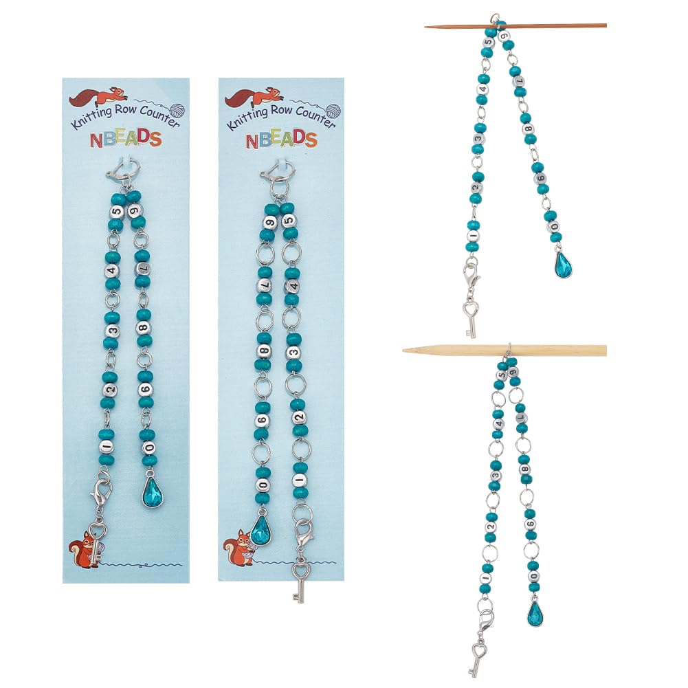 NBEADS 2 Pcs Alloy Number Beads Knitting Row Counter Chains, Acrylic Link Beads Stitch Marker Row Counter Chains with Teardrop/Key Pendant for Sewing Knitting Crochet Tracking Project Progress