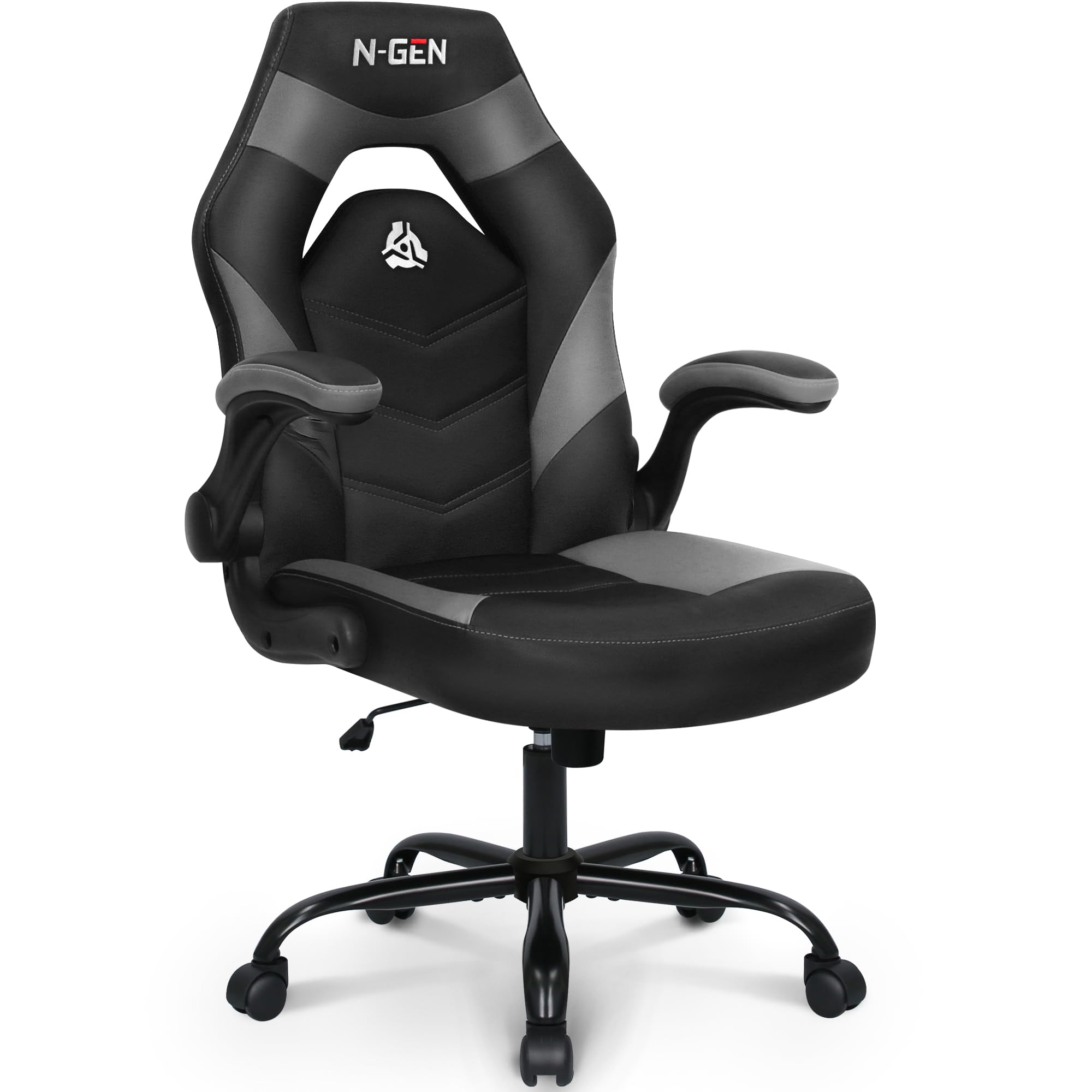 N-GEN Video Gaming Chair Ergonomic Computer Desk Office Chair with Lumbar Support Adjustable Height Swivel Wheels Flip-Up Arms PU Leather Home and Office (Grey) Image