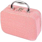 HEALLILY Portable Solid Color Makeup Box with Mirror Handheld Cosmetic Storage Case 7.7X5.3X2.8 Inch Travel Organizer for Women