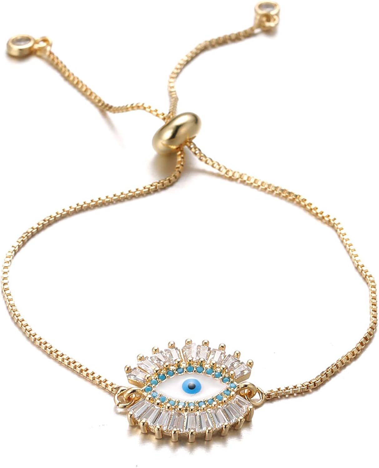 Halukakah Evil Eye Bracelet for Women,24K Real Yellow Gold Plated with Diamonds Multicolor Blue