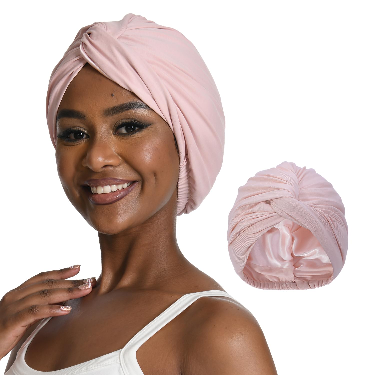 Hat Hut Satin Turban for Women Silk Bonnet Satin Bonnet Sleep Cap for Curly Hair Sleeping Adjustable Head Wrap Twisted Turban (Pink)