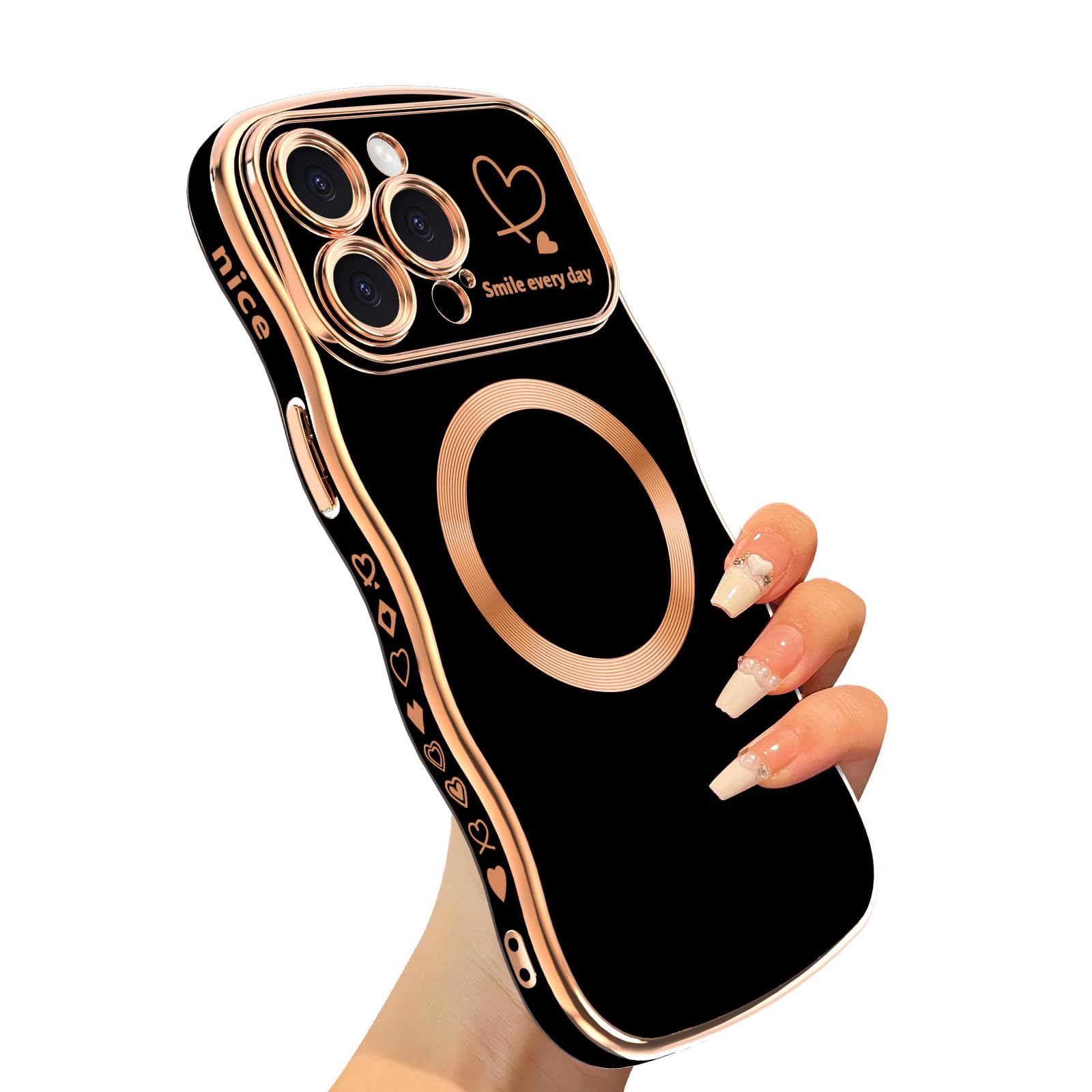 VCGFJD for iPhone 14 Pro Max Case for Women Girls, Magnetic Luxury Plating Cute Wave Curly with Love Heart Pattern Phone Case, Slim and Soft Shockproof with Camera lens protector Design -Black