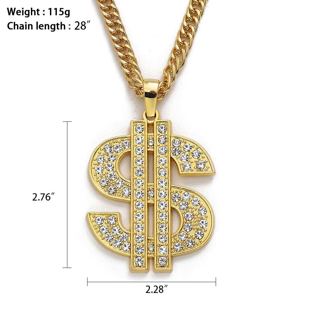 UEJUNBO Gold Chain with Dollar Sign Big Money Necklaces for Men Women,Stainless Steel Iced Out Rhinestone Jewelry,Fashion Pendants with 28 Inches Chain