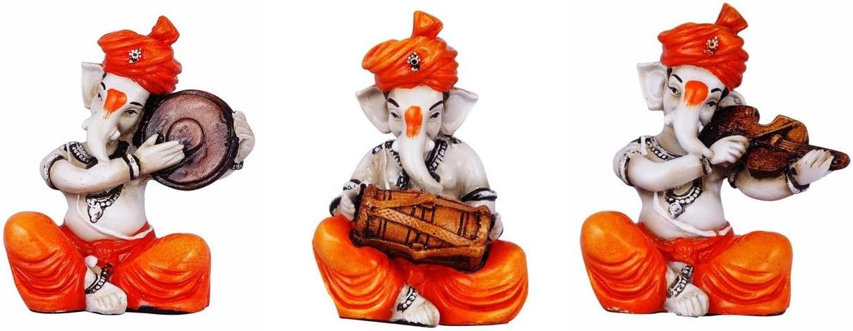 Karigaari India Polyresine Set of 3 Orange Dhoti & Turban Ganesha Playing Instruments Showpiece