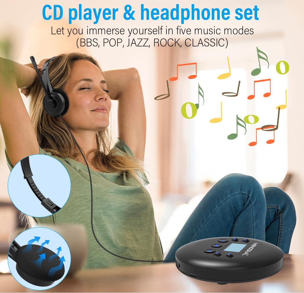 2025 Upgraded CD Player Portable, MONODEAL Portable CD Player with Headphones,Small Personal Player with LCD Display,Anti-Skip/Shockproof, Rechargeable Player for Car