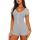 LEEDYA Women's Short Sleeve Rompers Summer V Neck Casual One Piece Shorts Jumpsuit Bodycon Pajama Set Onesie Sleepwear