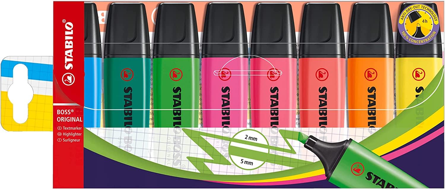 Highlighter - STABILO BOSS ORIGINAL - Pack of 8 - Assorted Colours