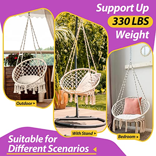 Patio Watcher Hammock Chair Hanging Macrame Swing with Cushion and