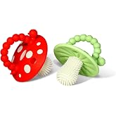 RaZbaby Soft Silicone Infant &amp; Baby 3M+ Teether Toy Massaging Bristles Teething Relief Pacifier - Soothes Sore Gums - Hands-Free &amp; Easy-to-Hold Chompy Teether, BPA Free (RED/Green)