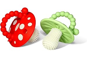 RaZbaby Soft Silicone Infant & Baby 3M+ Teether Toy Massaging Bristles Teething Relief Pacifier - Soothes Sore Gums - Hands-Free & Easy-to-Hold Chompy Teether, BPA Free (RED/Green)