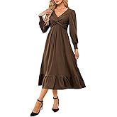 Dokotoo Womens 2026 Wrap V-Neck Twist Knot Long Sleeve Empire Waist Midi Maxi Dress A-Line Ruched Flowy Dress with Pockets