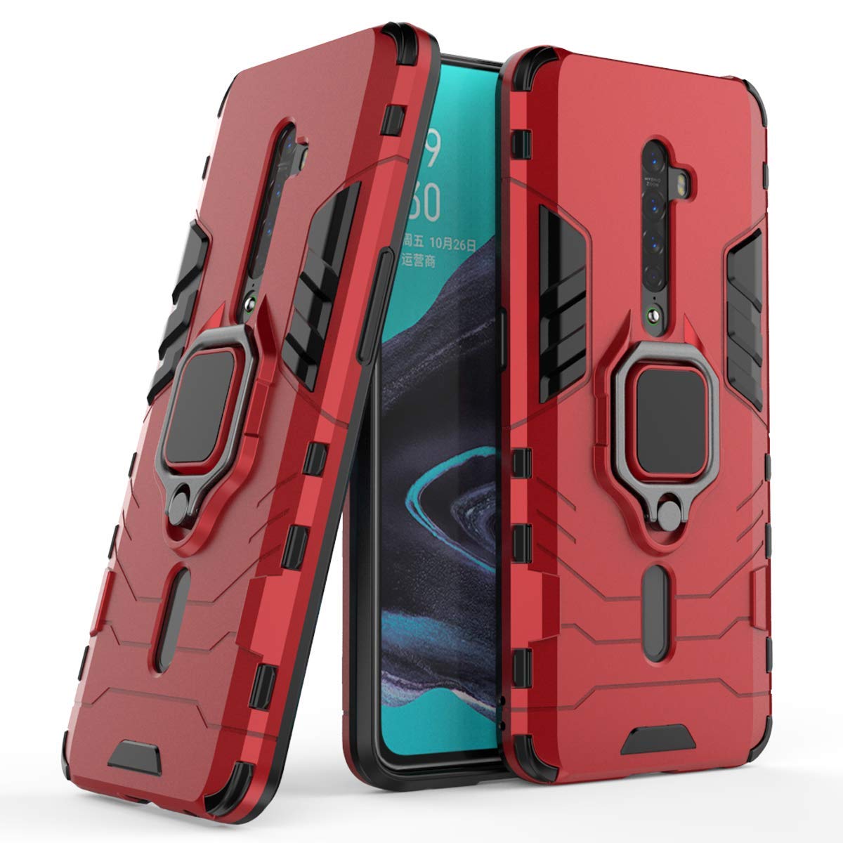 MRSTER OPPO Reno2 Case, Heavy Duty Armor Dual Layer Shock Resistant Hybrid Protective Case Cover with Ring Holder Kickstand for OPPO Reno 2. HB Red