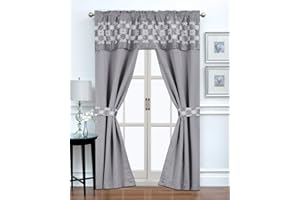 Regal Home Collections Leila Room Darkening Curtains 5-Piece Set - Rod Pocket Window Curtain Panels with Embroidered Valance and Tie Backs - Blocks Up to 90% Light (56in W x 84in L, Gray/White)