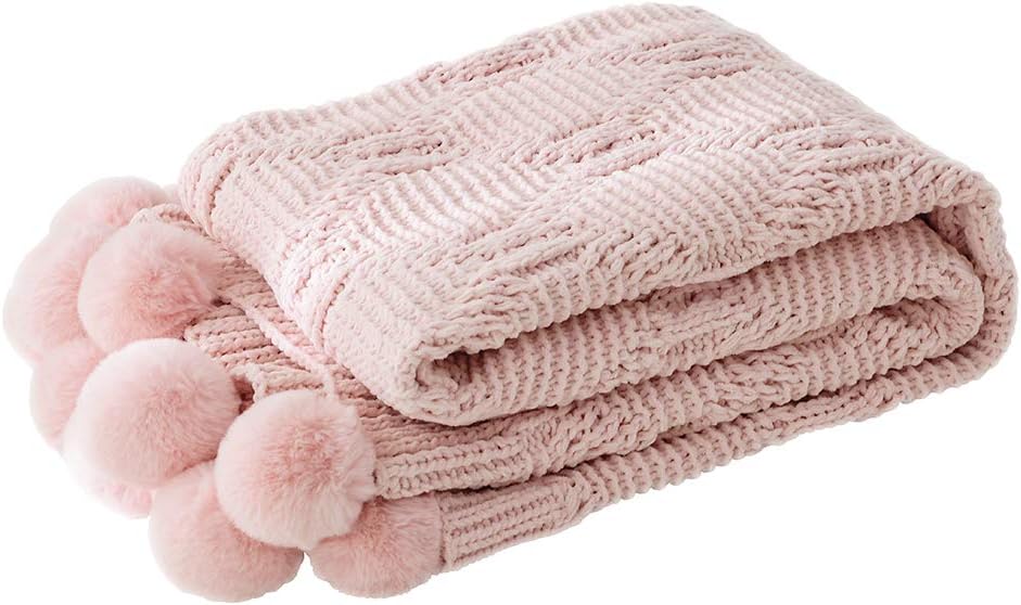 LIFEREVO Luxury Acrylic Chenille Faux Fur Pompoms Fringe Throw Blanket Diamond Jacquard Ultra Soft (Pink, 51x63 Inch)
