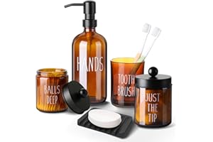 Cnsndqedke Bathroom Accessories Set - Complete 5 Pcs with Amber Glass Soap Dispenser, Soap and Toothbrush Holder, Qtip and Cotton Ball Holder - Farmhouse Boho Bathroom Decor