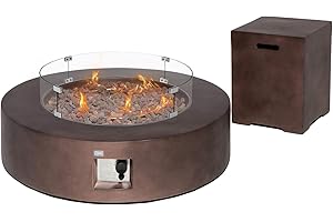 COSIEST 2-Piece Outdoor Propane Firepit Table Set w Tank Table, 42 inch Dark Fire Table Certified, 50,000 BTU w Bronze Round Base,Wind Guard and 16 inches Tank Side Table 20lb for Garden,Pool