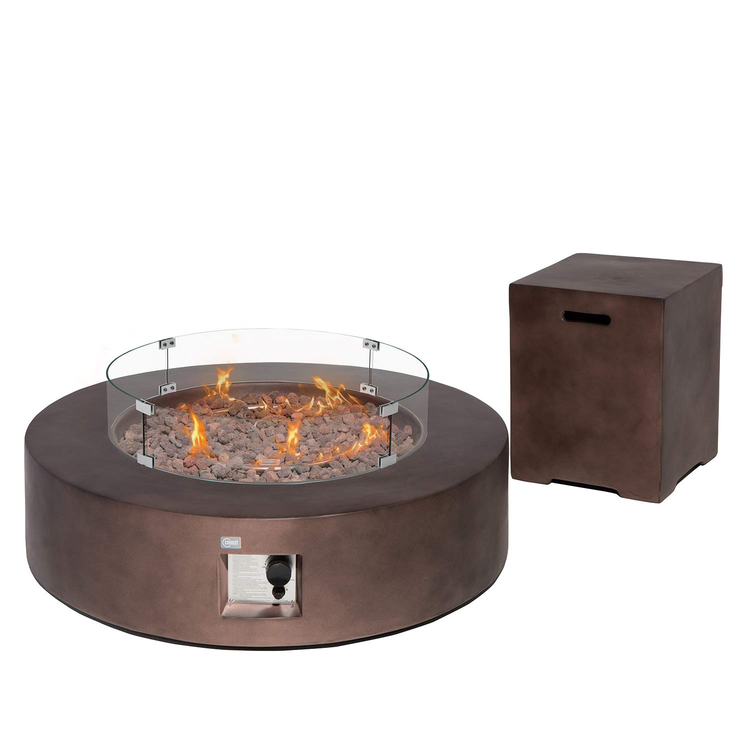 Photo 1 of ***MISSING FIREPIT TANK COVER**** COSIEST 2-Piece Outdoor Propane Firepit Table Set w Tank Table, 42 inch Dark Fire Table Certified, 50,000 BTU w Bronze Round Base,Wind Guard and 16 inches Tank Side Table 20lb for Garden,Pool