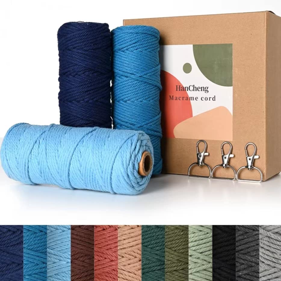 HanCheng 60m x 3mm Colourful Macrame Cord Gradient Colour 3-piece Set,Coloured Macrame Kit with 3 Keyrings—Gradient Blue:DarkBlue,SeaBlue,LightBlue — image 1