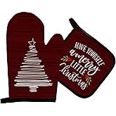 Mingnei Have Yourself a Merry Little Christmas Oven Mitts and Pot Holders Sets, Red Christmas Tree Heat Resistant Potholder Kitchen Decor for Cooking Baking BBQ, Christmas Kitchen Over Gloves Gifts