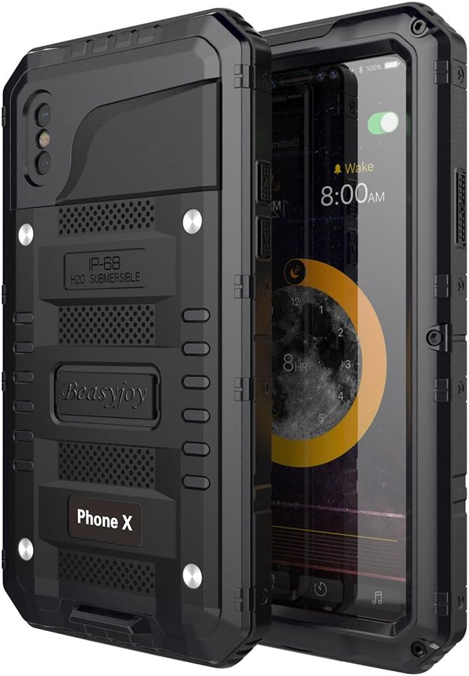 iPhone X Waterproof Case, Beasyjoy Heavy Duty Hard Strong Metal Cover with Built-in Screen Full Body Protection Impact Armor Shockproof Tough Rugged Durable Military Grade Defender for Commuter Black