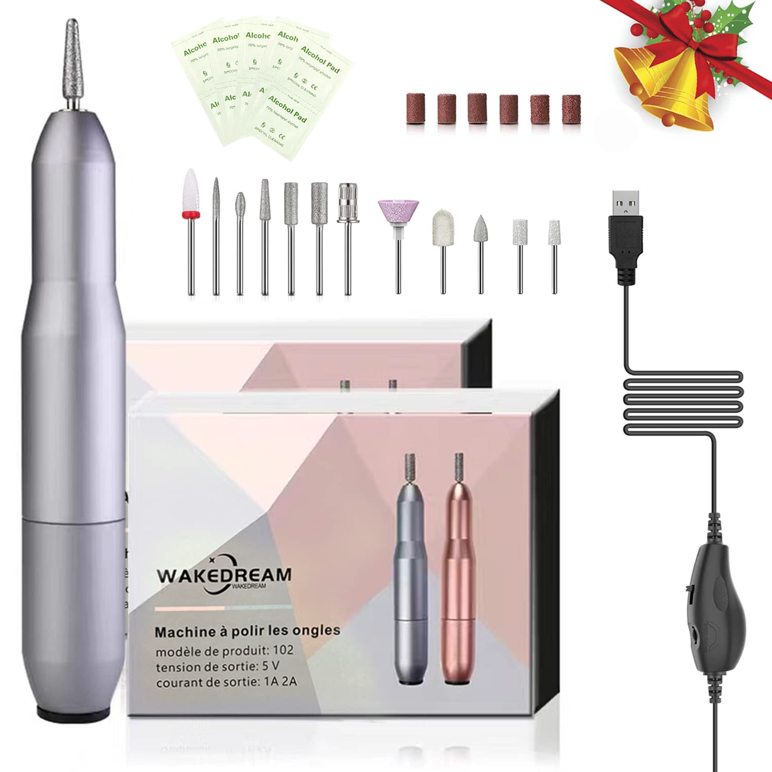 WakeDream 12-in-1 Electric Nail File, 14500 RPM, Powerful & Silent, Portable Manicure Pedicure Kit, Salon & Home Use, Silver, Model 20201225-ZJDMQ, Aluminium