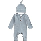 Newborn Baby Boy Girl Clothes Infant Ribbed Romper Solid Long Sleeve Knit Bodysuit Jumpsuit Hat Coming Home Outfit