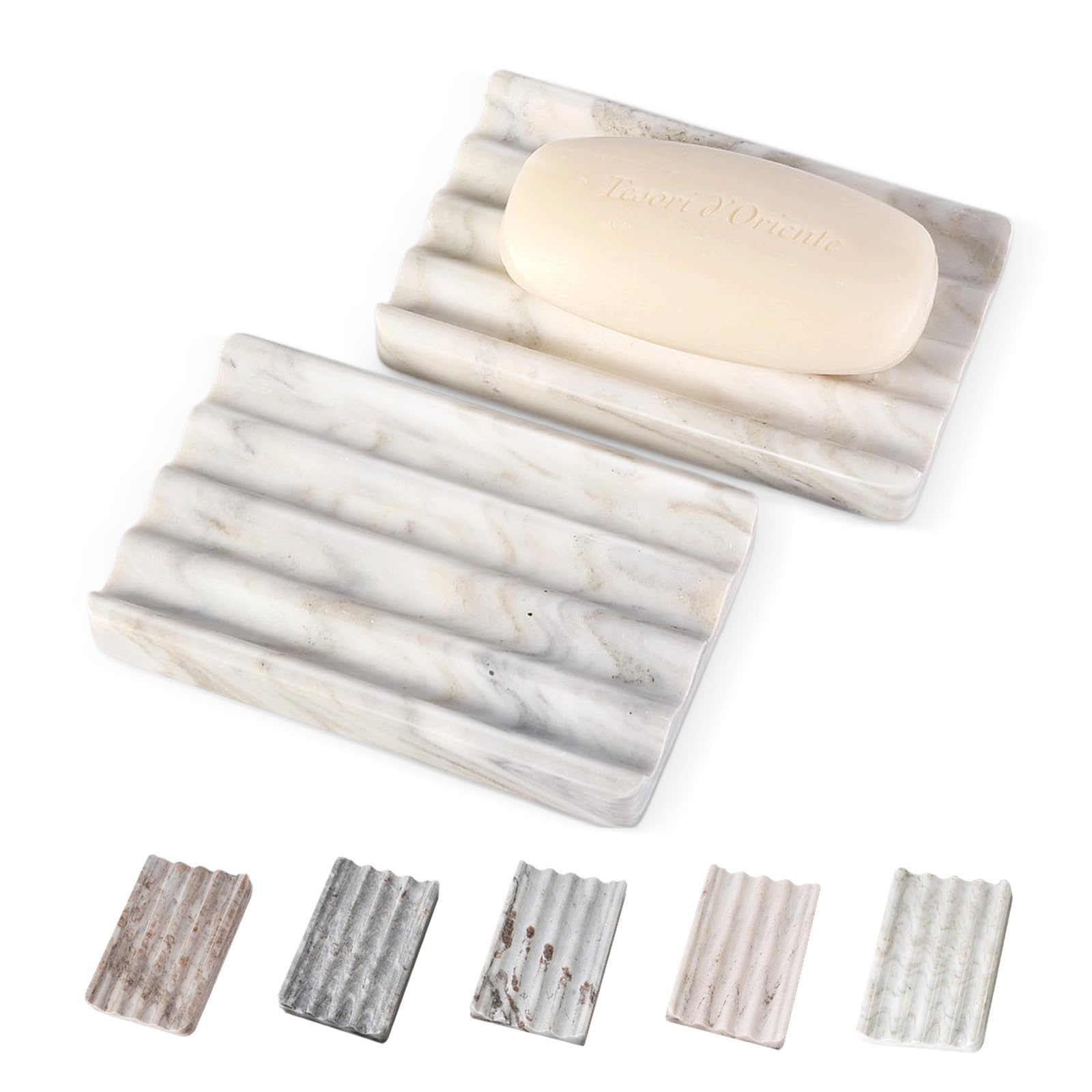 Photo 1 of 2PCS Koville Italian Natural Marble Soap Dish for Shower, Multi-Color Stone Soap Tray for Bathroom, Bar Soap Holder for Sink, Stripe Grooves Soap Saver Sponge Holder (White/Brown Random)