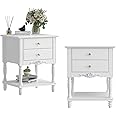 Homsee Set of 2 Vintage Wooden Nightstand with 2 Drawers and Bottom Shelf, Elegant Bedside Table End Side Table for Bedroom, Living Room, White (19.7”W x 16.9”D x 25.2”H)