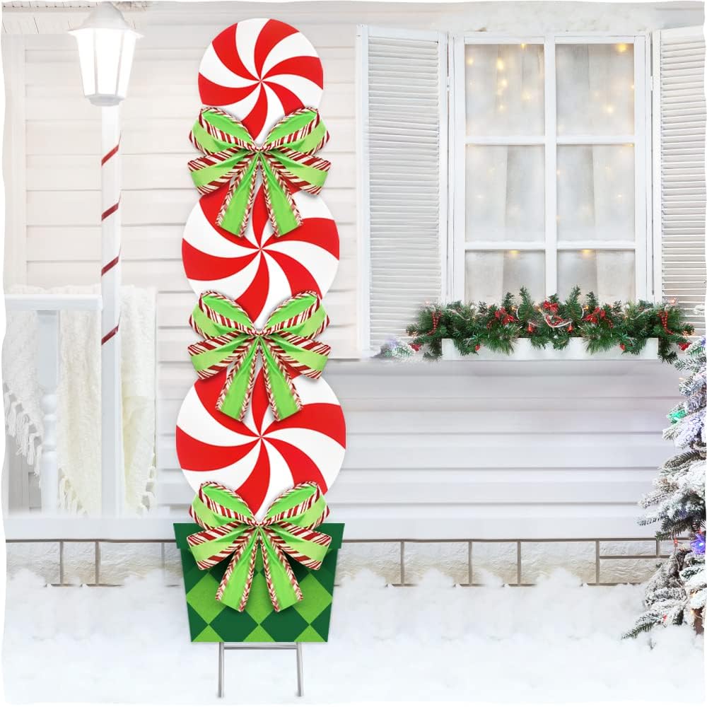 Yard Signs - Candy Christmas Decorations Outdoor - 44In Peppermint Xmas Yard Stakes - Giant Holiday Decor Signs for Home Lawn Pathway Walkway Candyland Themed Party - Red White Green