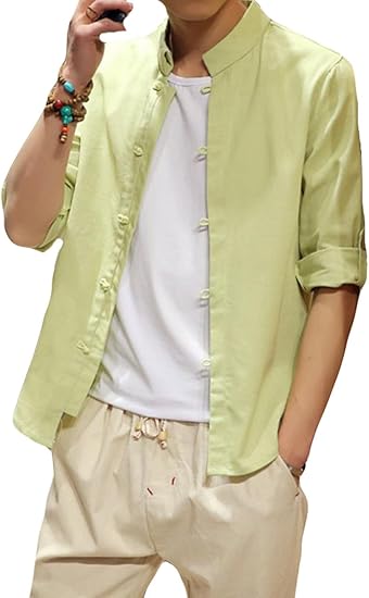 Amazon Piite メンズ シャツ 夏 綿麻 ワイシャツ 九分袖 Tシャツ カットソー 無地 シャツ 薄手 ワイシャツ カジュアル Tシャツ シンプル ボタンダウン スタンドカラー リネン おしゃれ 綿麻シャツ Tシャツ カットソー 通販