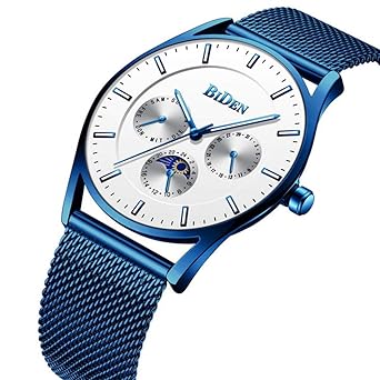 BINZI Business Ultra Thin Waterproof Stainless Steel Blue Mesh Mens Quartz Analog Watch - BD0122 (White)