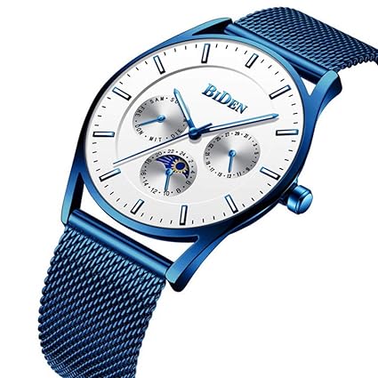 BINZI Business Ultra Thin Waterproof Stainless Steel Blue Mesh Mens Quartz Analog Watch - BD0122 (White)