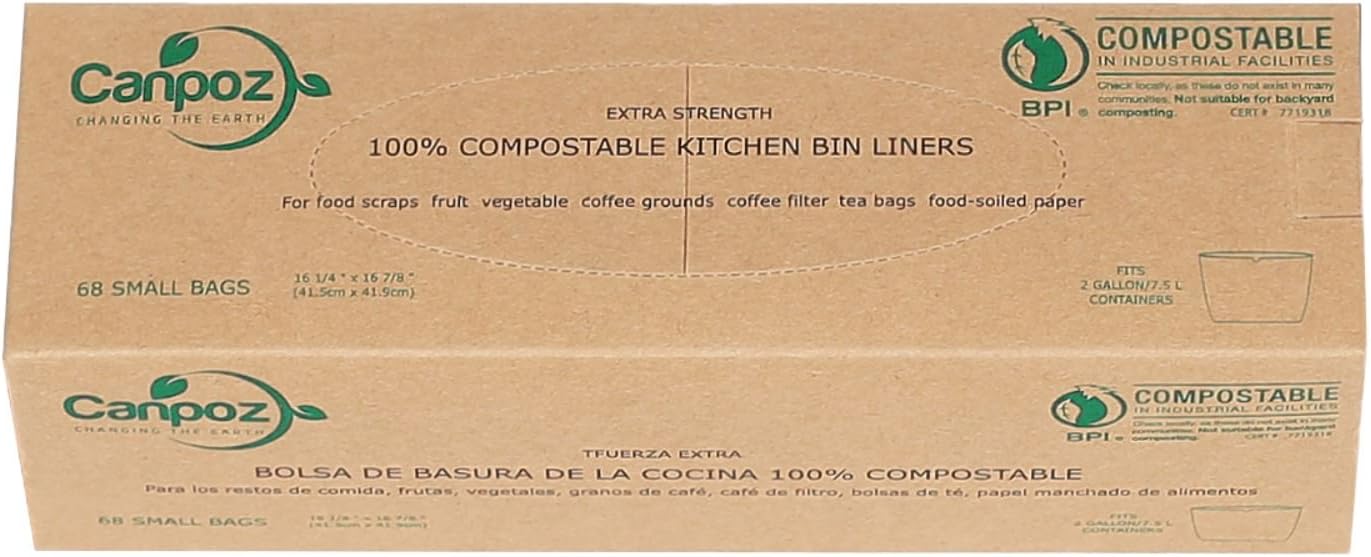 Canpoz Extra Strength 100% Compostable Kitchen Bags, BPI Certificated, ASTM D6400, Europe Vinçotte certified OK Compost Home, 2.6 Gallon, Fits 2 Gallon Bins, 68 Count