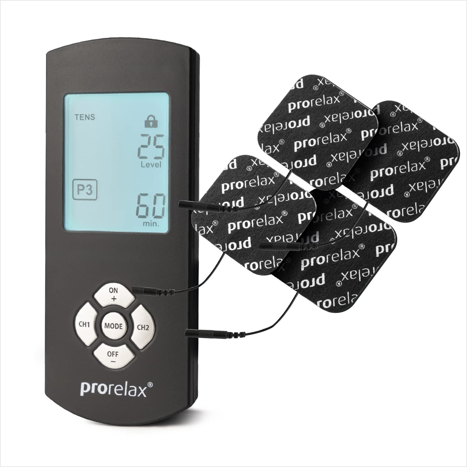 prorelax TENS/EMS Duo Comfort Blackline | Electrostimulation device | 2 therapies with one device | For muscle building and against chronic pain | With large and illuminated display