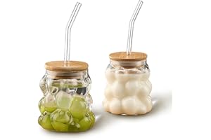 2 Pcs Creative Grape Shape Drinking Glasses with Bamboo lids and Glass Straw, 12 oz Drinking Reusable Aesthetic Cups for Wate