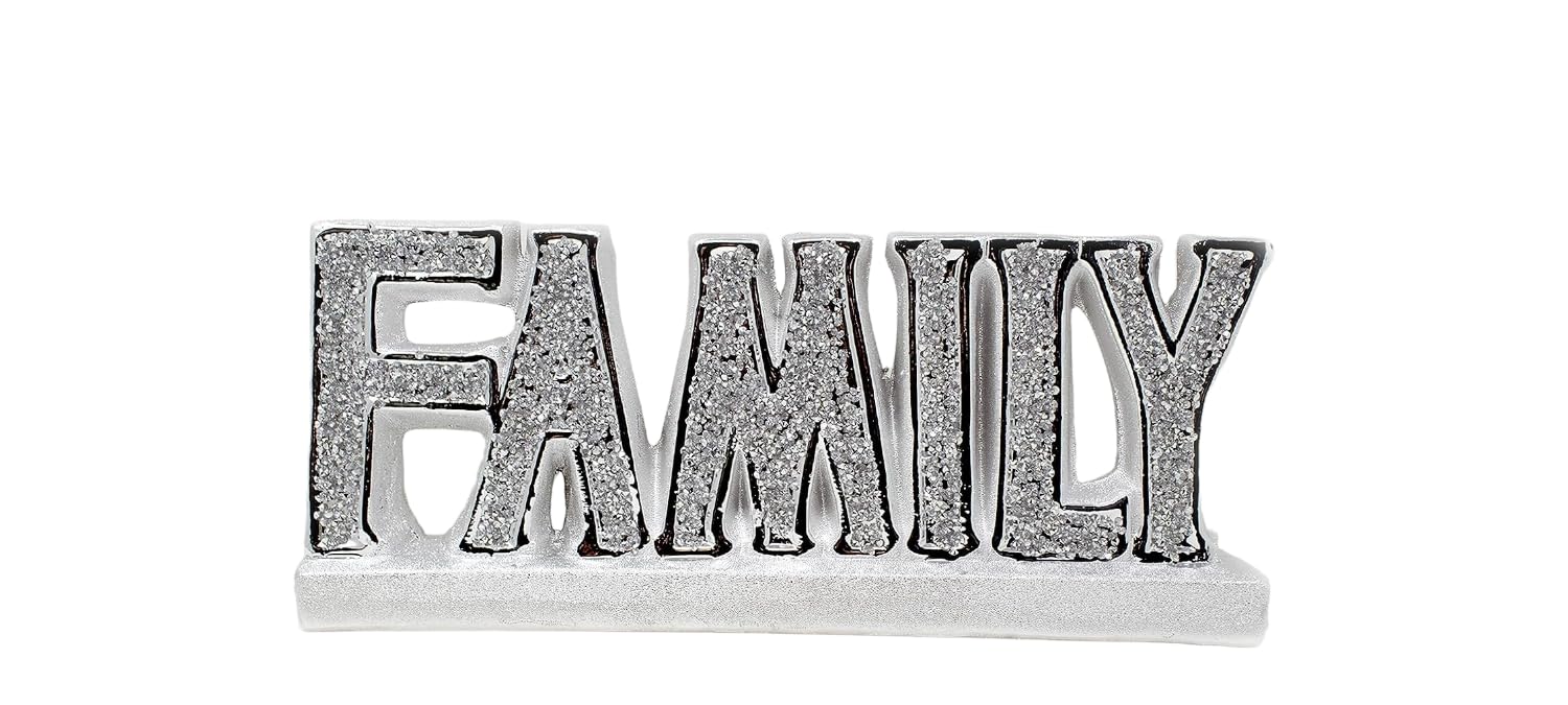 Crystallized Large Ceramic Crushed Crystal Diamond Silver Family Sign Ornament - Home Decor Shelf Sitter for Elegant and Sparkling Interiors