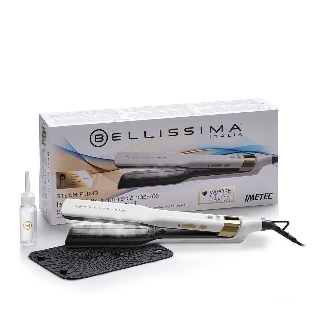 Bellissima Hair Straightener Steam Elixir – Ceramic Coated with Argan Oil for Sleek & Smooth Glide, Steam Therapy for Hydration, Fast Heat Up, 170°C-200°C Adjustable Temperatures, All Hair Types