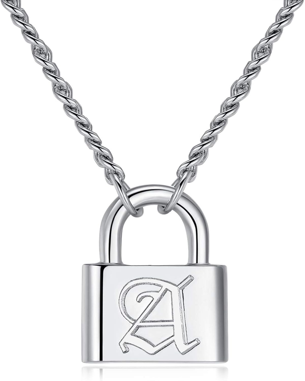 Joeyan Padlock Initial Necklace Letter Pendant Men Women Silver Chain
