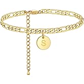FOSIR 18k Gold Plated/Silver Tone Initial Anklets for Women, Surgical Stainless Steel Ankle Bracelets for Women Figaro Chain Anklet Beach Jewelry, Waterproof