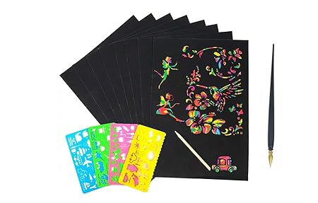 Kratzbilder Set für Kinder,OMZGXGOD- 30 Große Blätter Regenbogen Kratzpapier zum Zeichnen und Basteln mit Schablonen, Holzsti