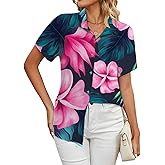 Chicwave Womens Button Down Shirts Short Sleeve Summer Linen V Neck Collared Hawaiian Floral Print Cat Casual Blouse Tops