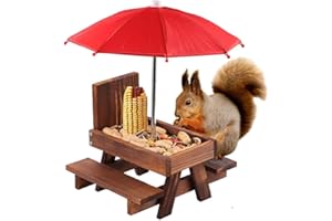Squirrel Feeder Table With Umbrella - Wooden Picnic Table With Corn Cob Holder for Squirrels and Chipmunks - Funny Gifts for 